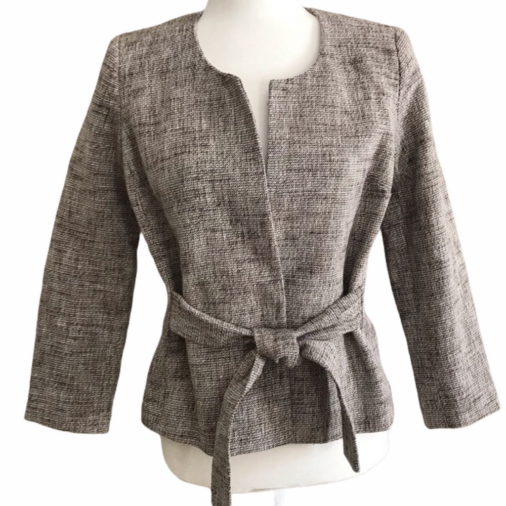 NWT New York & Co Brown Linen Blend Tweed Blazer Round Collar V-Neck Tie Waist S